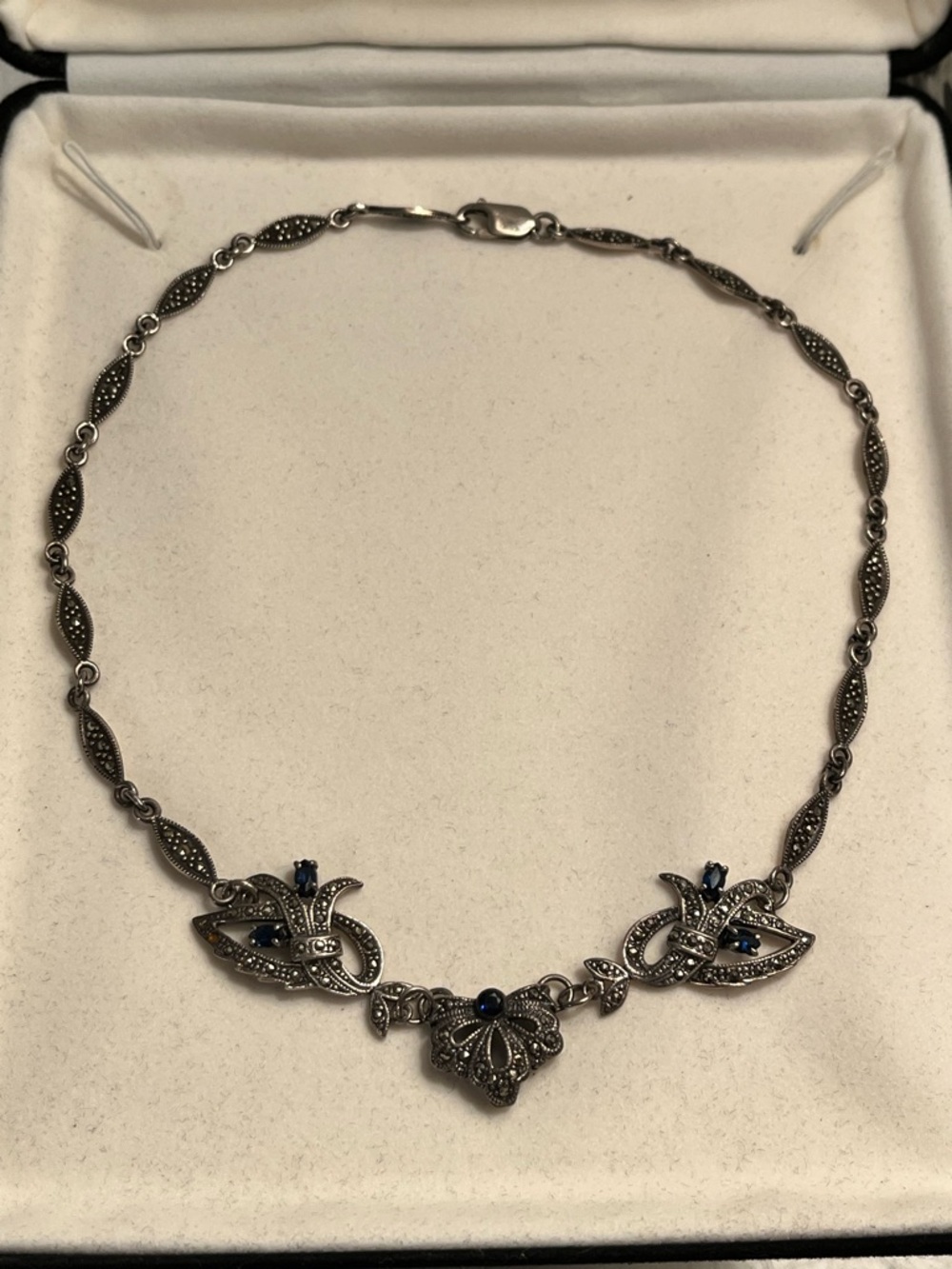 Vintage Sterling Silver Marcasite Necklace with Sapphires
